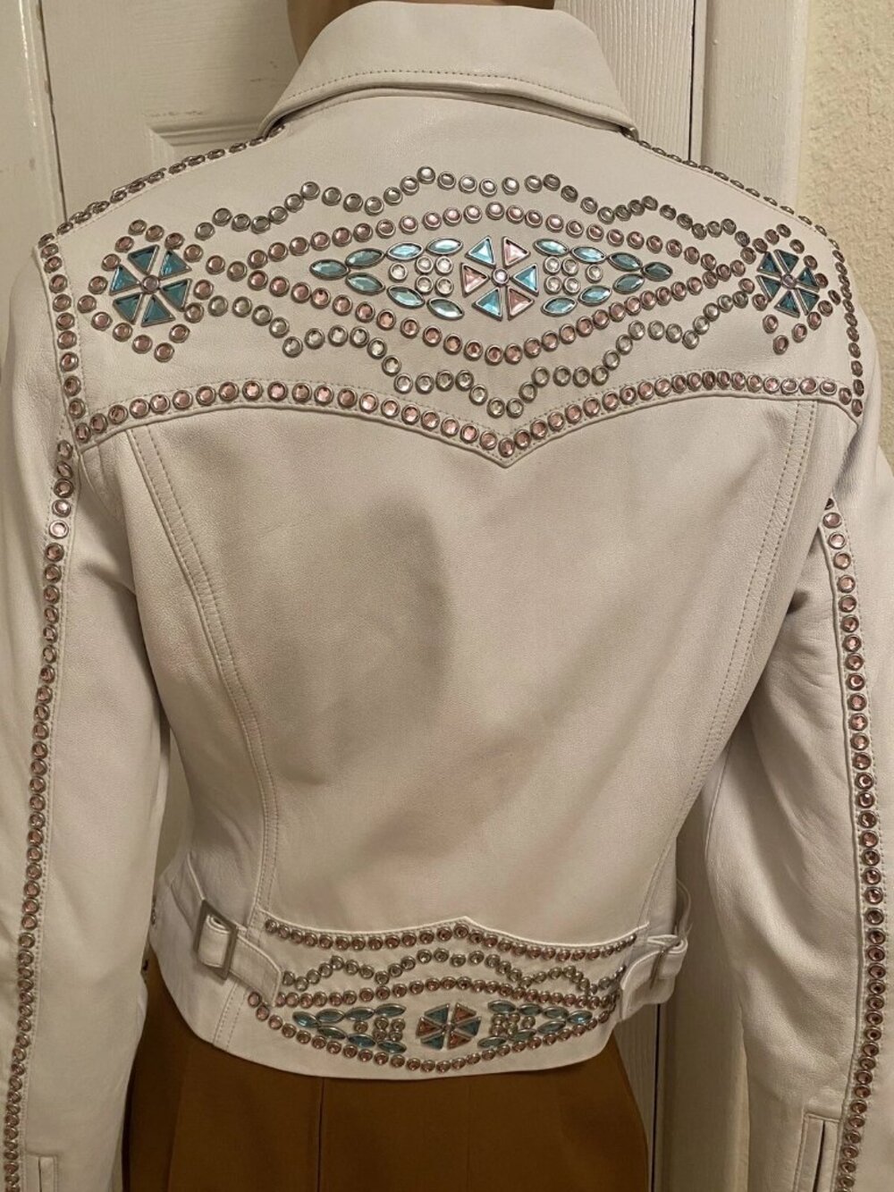 CRIPPLE CREEK Off White Leather Rhinestones Embellished Blingy Jacket S Small - Picture 6 of 16